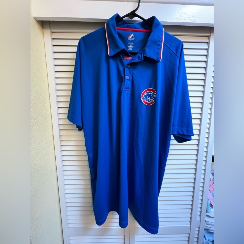 Majestic Chicago Cubs Baseball Blue Polo Shirt Collard Sz XLT Red Cub logo